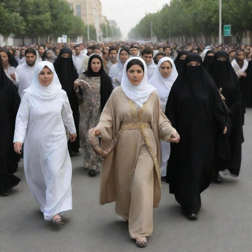 A new revolution in Iran depicting women living freely, angry citizens, injured clerics, and snake-dressed individuals fleeing.