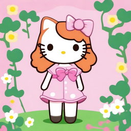 Create an image of a cute ginger female Hello Kitty character with a baby pink bow and a big tail