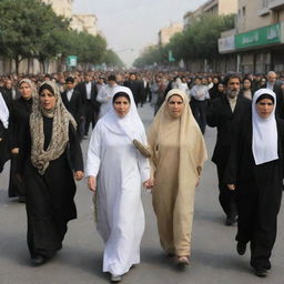 A new revolution in Iran depicting women living freely, angry citizens, injured clerics, and snake-dressed individuals fleeing.