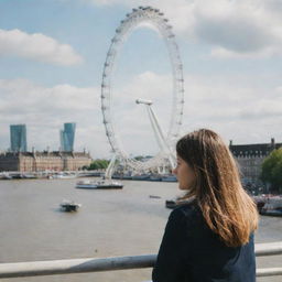 A girl seen from behind, contemplating the River Thames with the London Eye and a scenic bridge in the background.