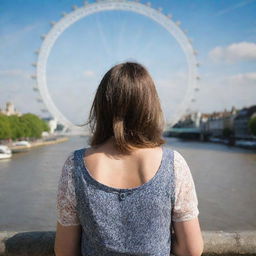 A girl seen from behind, contemplating the River Thames with the London Eye and a scenic bridge in the background.