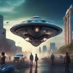 A highly detailed cinematic artwork of an alien spaceship landing on Earth for a movie poster