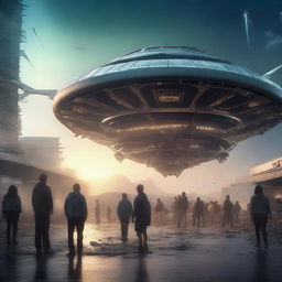 A highly detailed cinematic artwork of an alien spaceship landing on Earth for a movie poster
