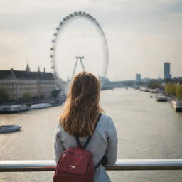 A girl seen from behind, contemplating the River Thames with the London Eye and a scenic bridge in the background.