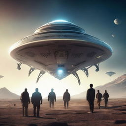 A highly detailed cinematic artwork of an alien spaceship landing on Earth for a movie poster