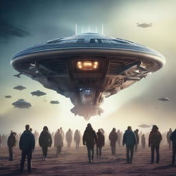 A highly detailed cinematic artwork of an alien spaceship landing on Earth for a movie poster