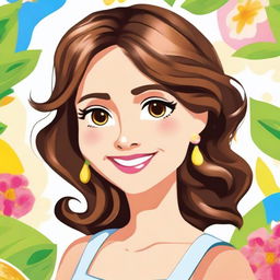 A charming girl character in the style of Mamma Mia! She has brown hair and honey brown eyes, with a cheerful and vibrant expression