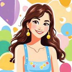 A charming girl character in the style of Mamma Mia! She has brown hair and honey brown eyes, with a cheerful and vibrant expression