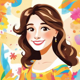 A charming girl character in the style of Mamma Mia! She has brown hair and honey brown eyes, with a cheerful and vibrant expression