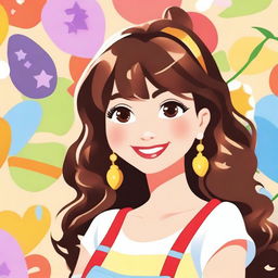 A charming girl character in the style of Mamma Mia! She has brown hair and honey brown eyes, with a cheerful and vibrant expression