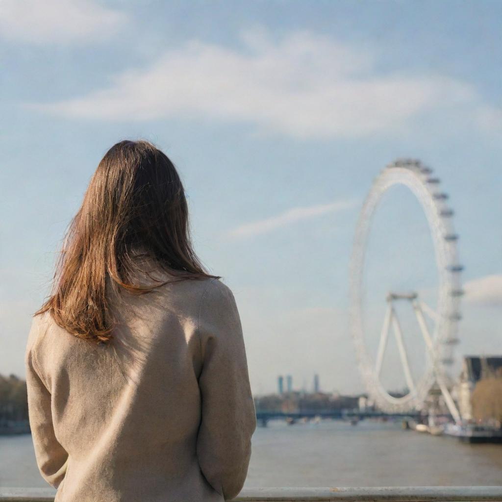 A girl seen from behind, contemplating the River Thames with the London Eye and a scenic bridge in the background.