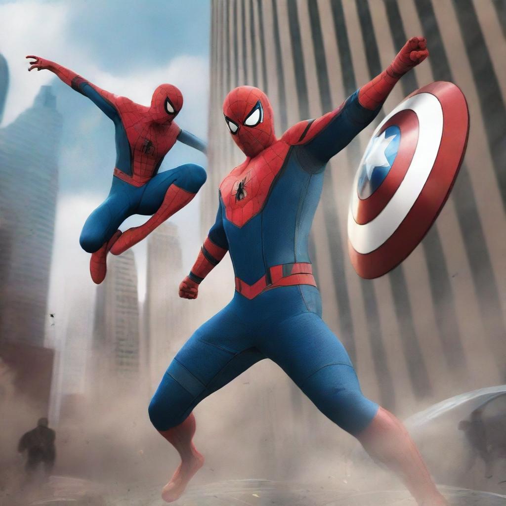 A dynamic and action-packed scene featuring Spiderman and Captain America in an epic battle