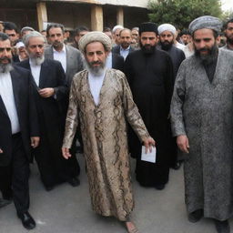 People in Iran evicting clerics, dressed in snake-patterned clothes, their bodies wounded in the ensuing conflict.