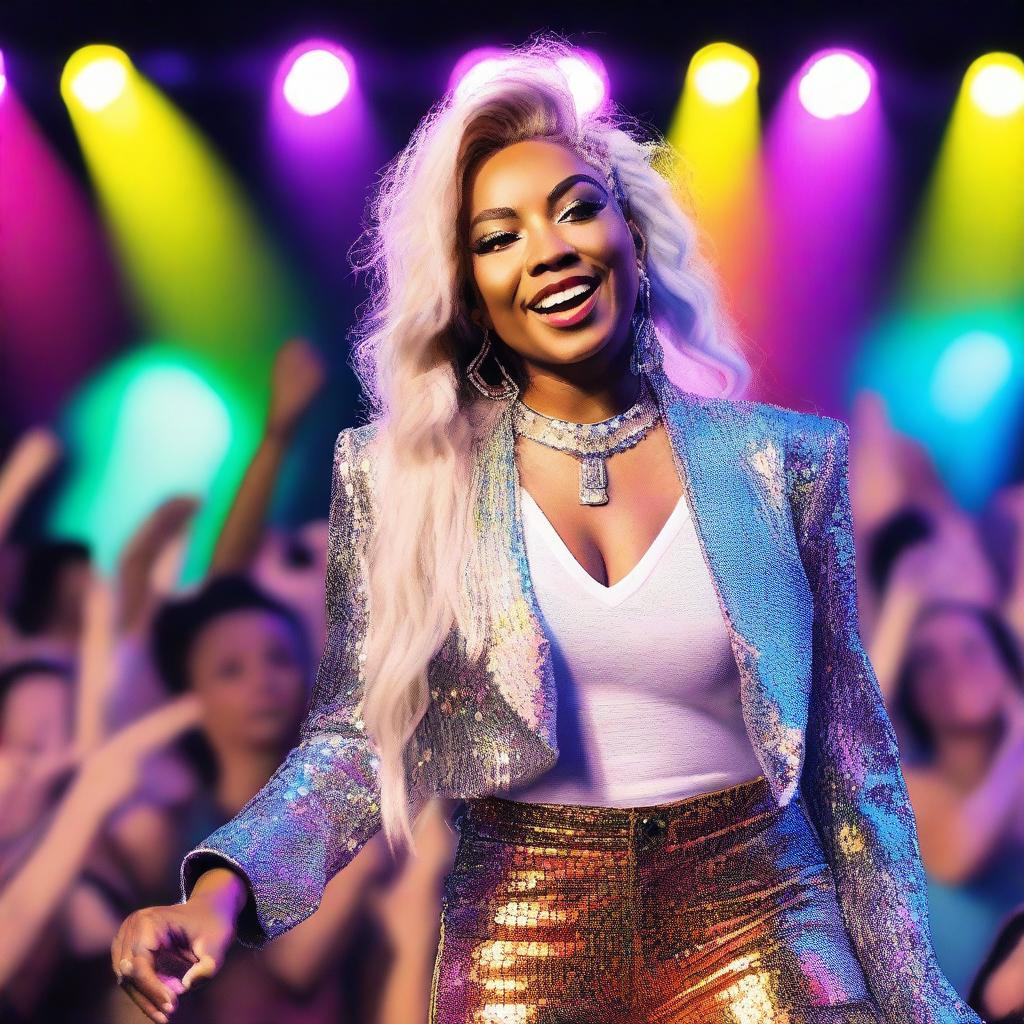 A detailed and vibrant portrait of Ice Spice, a popular music artist, standing on a stage with colorful lights and an enthusiastic crowd in the background