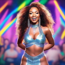 A detailed and vibrant portrait of Ice Spice, a popular music artist, standing on a stage with colorful lights and an enthusiastic crowd in the background