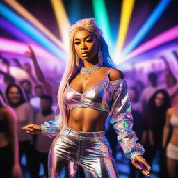 A detailed and vibrant portrait of Ice Spice, a popular music artist, standing on a stage with colorful lights and an enthusiastic crowd in the background
