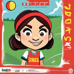 Create a cartoony movie poster featuring a Basque girl who is happy, artistic, intelligent, friendly, and sporty