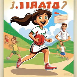 Create a cartoony movie poster featuring a Basque girl who is happy, artistic, intelligent, friendly, and sporty