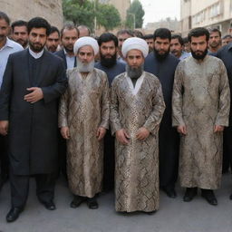 People in Iran evicting clerics, dressed in snake-patterned clothes, their bodies wounded in the ensuing conflict.