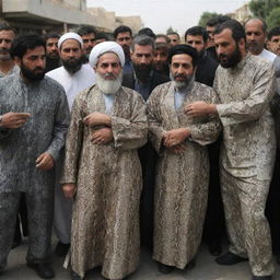 People in Iran evicting clerics, dressed in snake-patterned clothes, their bodies wounded in the ensuing conflict.