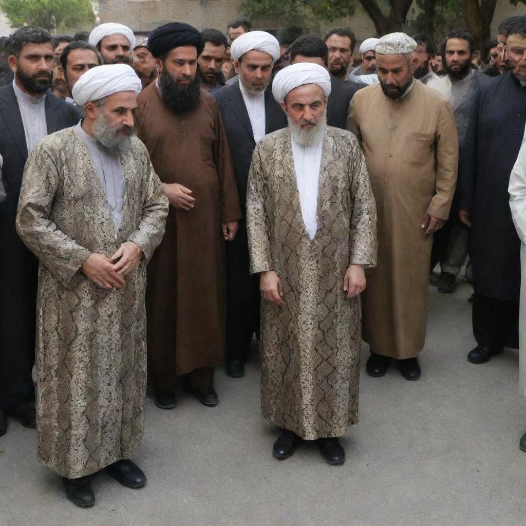 People in Iran evicting clerics, dressed in snake-patterned clothes, their bodies wounded in the ensuing conflict.