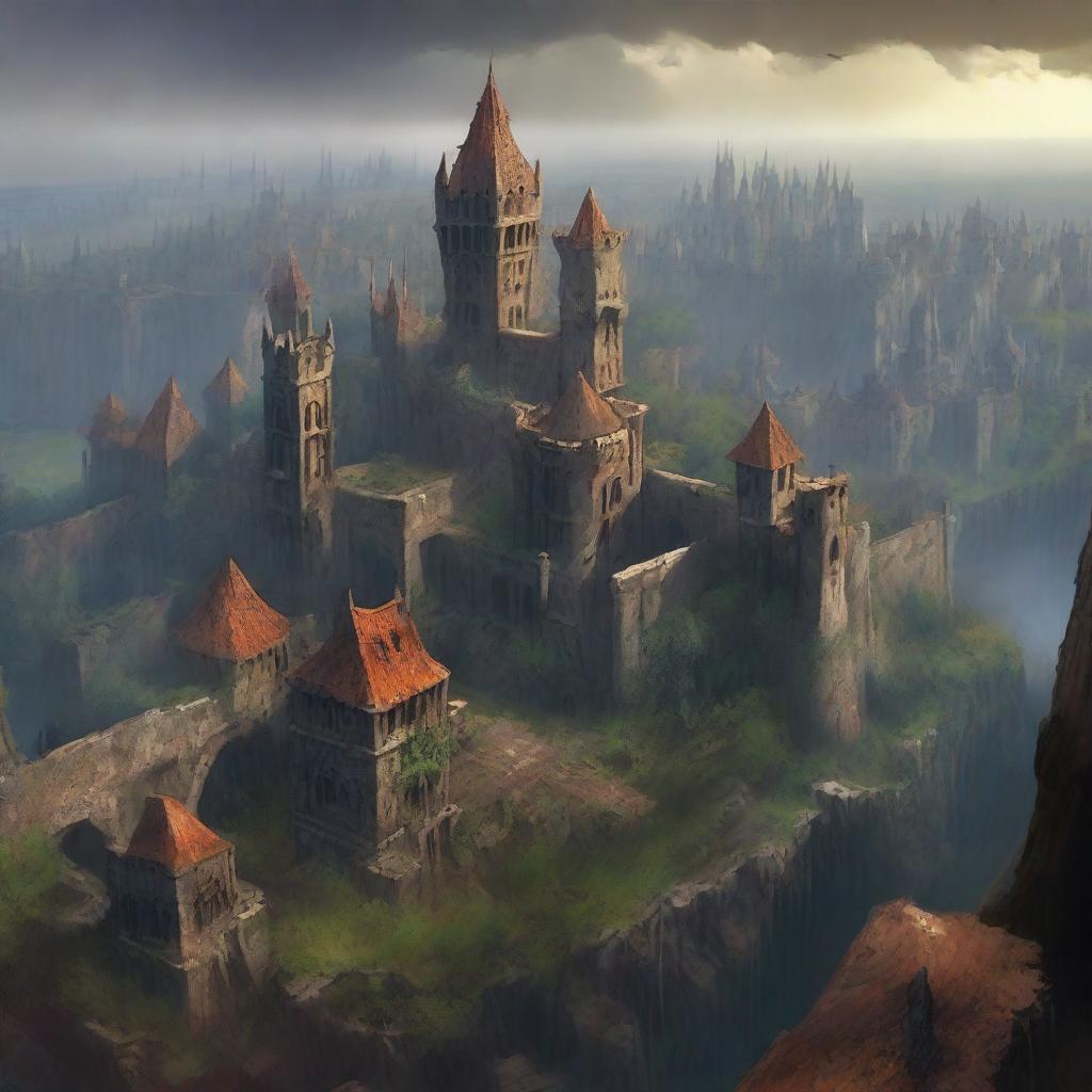 A distant view of a very large kingdom with numerous buildings, cursed with a spell that prevents anyone from leaving