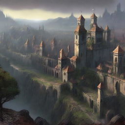 A distant view of a very large kingdom with numerous buildings, cursed with a spell that prevents anyone from leaving