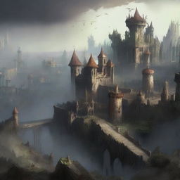 A distant view of a very large kingdom with numerous buildings, cursed with a spell that prevents anyone from leaving