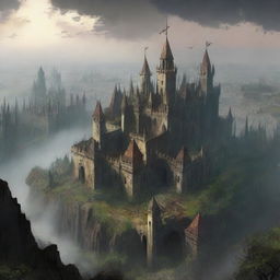 A distant view of a very large kingdom with numerous buildings, cursed with a spell that prevents anyone from leaving