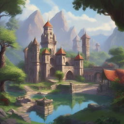 A distant view of an ancient kingdom that is very peaceful, rich, and happy