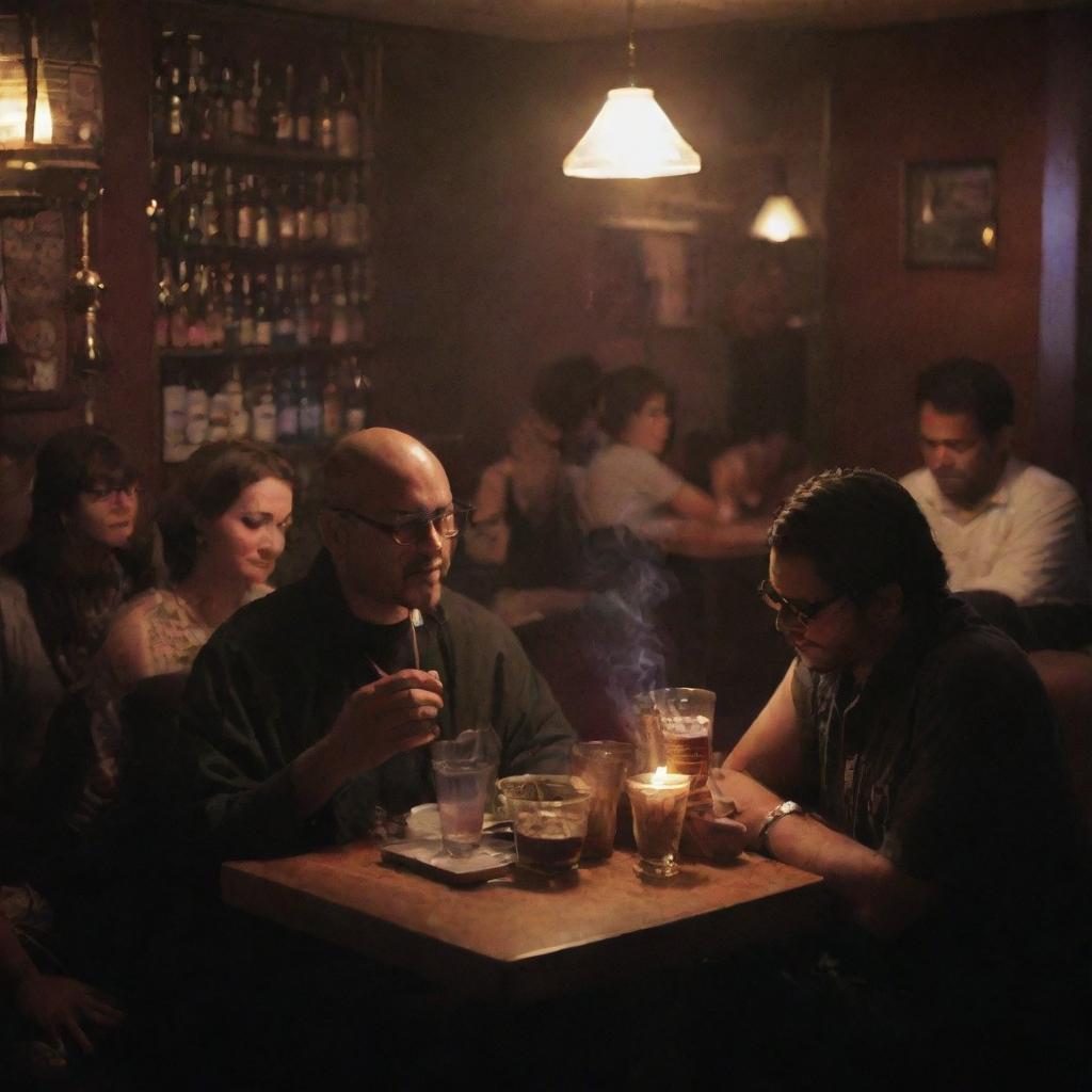 A bustling hookah lounge with a mysterious man, wearing glasses, engrossed in his work despite his injured body.