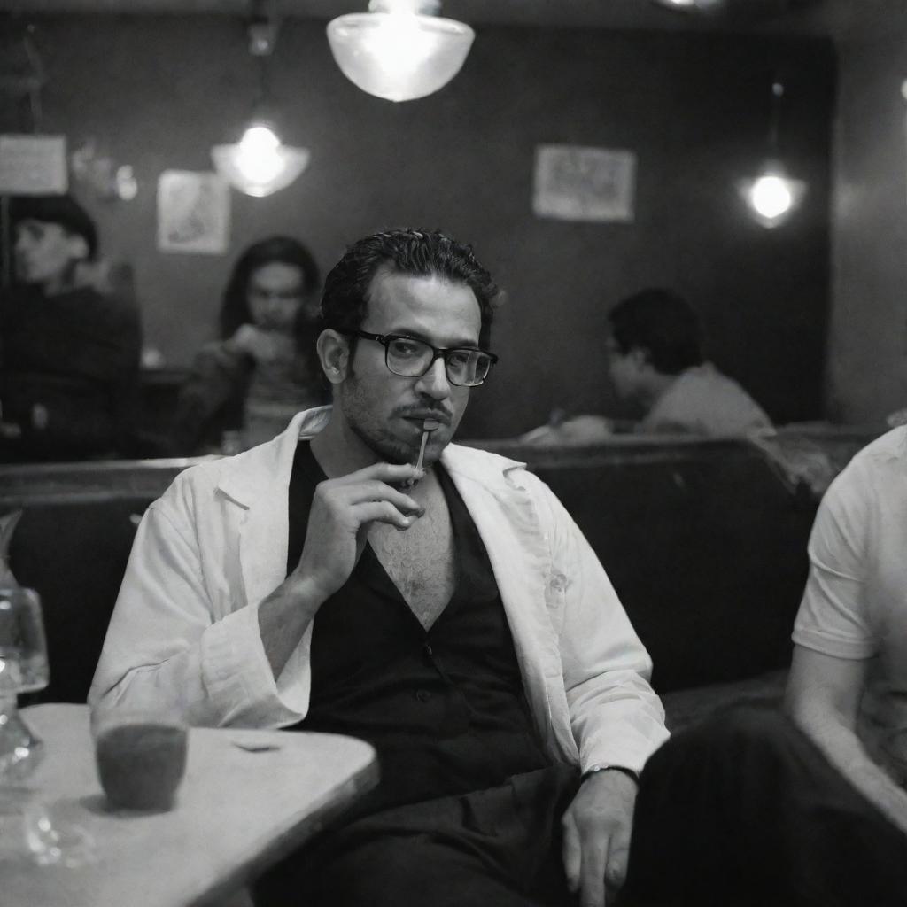 A bustling hookah lounge with a mysterious man, wearing glasses, engrossed in his work despite his injured body.