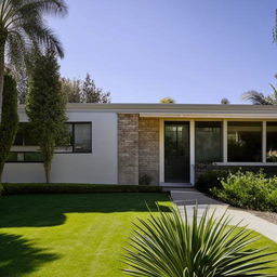 A mid-century modern home with sleek lines, large windows, and a flat roof, surrounded by lush landscaping