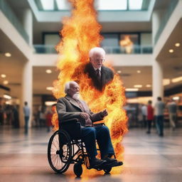 Create an image of an old man in a wheelchair holding a ventriloquist dummy that is on fire