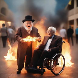 Create an image of an old man in a wheelchair holding a ventriloquist dummy that is on fire