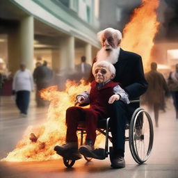 Create an image of an old man in a wheelchair holding a ventriloquist dummy that is on fire