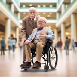 Create an image of an old man in a wheelchair holding a ventriloquist dummy