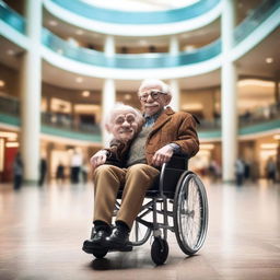 Create an image of an old man in a wheelchair holding a ventriloquist dummy