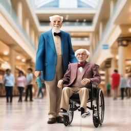 Create an image of an old man in a wheelchair holding a ventriloquist dummy