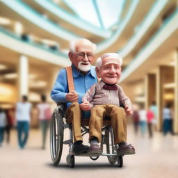 Create an image of an old man in a wheelchair holding a ventriloquist dummy