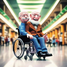 Create an image of an old man in a wheelchair holding a cartoon ventriloquist dummy
