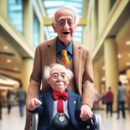 Create an image of an old man in a wheelchair holding a cartoon ventriloquist dummy