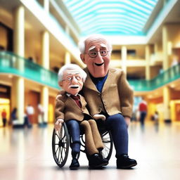 Create an image of an old man in a wheelchair holding a cartoon ventriloquist dummy