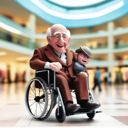 Create an image of an old man in a wheelchair holding a cartoon ventriloquist dummy