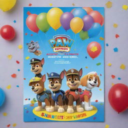 A colorful birthday invitation for a seven-year-old's Paw Patrol themed party. It includes Paw Patrol characters jubilantly celebrating with balloons, confetti, and a big '7' placed prominently.