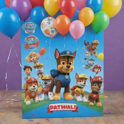 A colorful birthday invitation for a seven-year-old's Paw Patrol themed party. It includes Paw Patrol characters jubilantly celebrating with balloons, confetti, and a big '7' placed prominently.