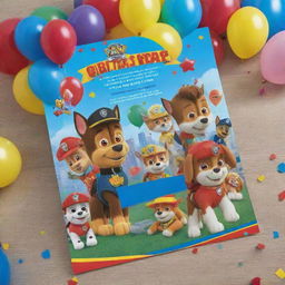 A colorful birthday invitation for a seven-year-old's Paw Patrol themed party. It includes Paw Patrol characters jubilantly celebrating with balloons, confetti, and a big '7' placed prominently.