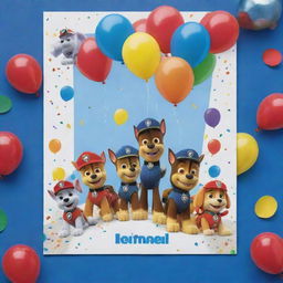 A colorful birthday invitation for a seven-year-old's Paw Patrol themed party. It includes Paw Patrol characters jubilantly celebrating with balloons, confetti, and a big '7' placed prominently.