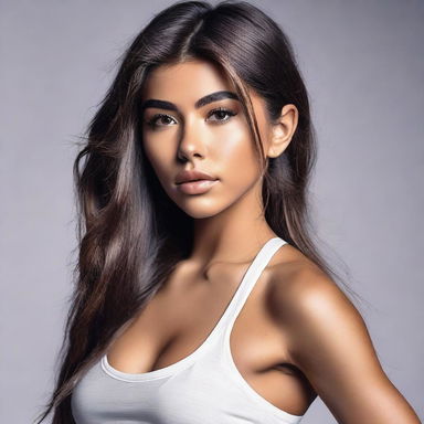 A highly detailed portrait of Madison Beer with an athletic build and a confident pose