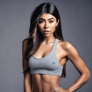 A highly detailed portrait of Madison Beer with an athletic build and a confident pose
